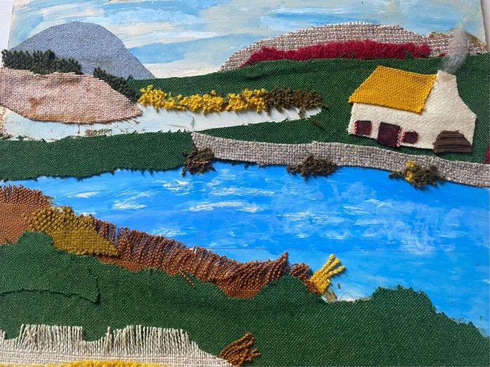 Vintage Upcycled Mixed-Media Textile & Painted Landscape Art unframed