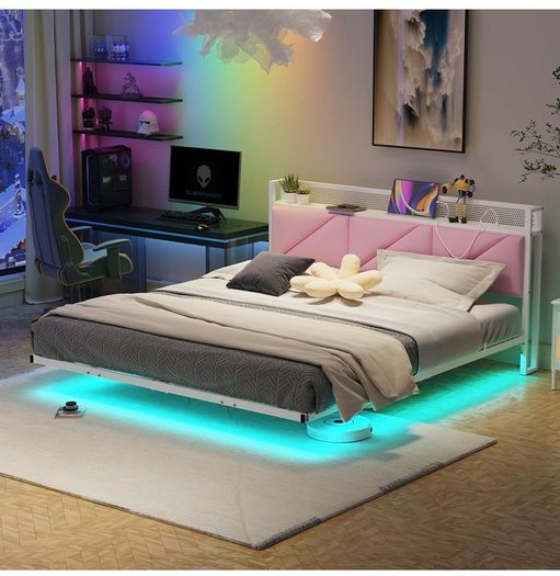 King Size Bed Frame 150x200cm, Floating Upholstered Platform Bed with LED Lights & USB Charging, 5ft Heavy Duty Metal Bed Frame with Headboard Storage, Noise-Free, No Box Spring Needed, Pink