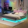 King Size Bed Frame 150x200cm, Floating Upholstered Platform Bed with LED Lights & USB Charging, 5ft Heavy Duty Metal Bed Frame with Headboard Storage, Noise-Free, No Box Spring Needed, Pink Image 3