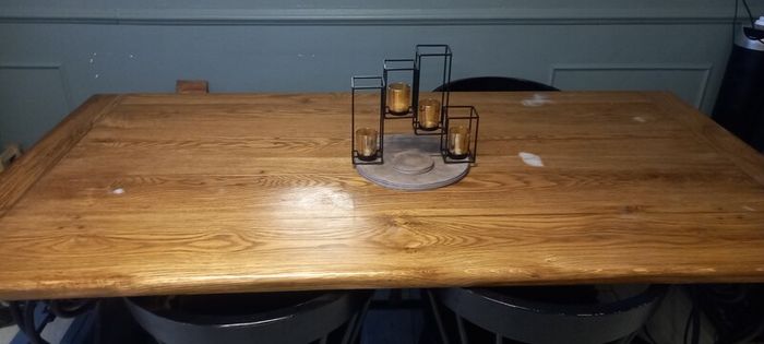 Large dining table rustic farmhouse style with iron styled legs