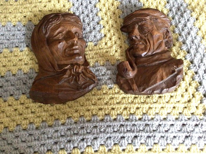 A Pair Of french vintage Wooden carved Hangemalt Man & Woman wall plaques