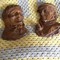 A Pair Of french vintage Wooden carved Hangemalt Man & Woman wall plaques