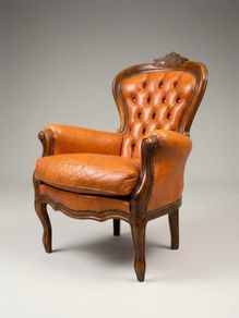 Vintage French Walnut & Brown Leather Armchair