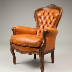 Vintage French Walnut & Brown Leather Armchair