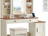 Country Style Dressing Table with Stool Mirror and Storage White Brown