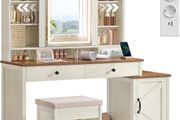 Country Style Dressing Table with Stool Mirror and Storage White Brown