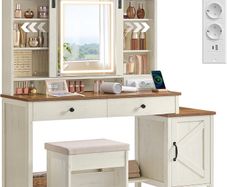 Country Style Dressing Table with Stool Mirror and Storage White Brown