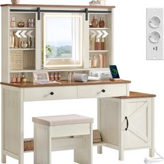 Country Style Dressing Table with Stool Mirror and Storage White Brown