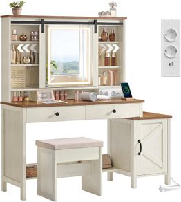 Country Style Dressing Table with Stool Mirror and Storage White Brown