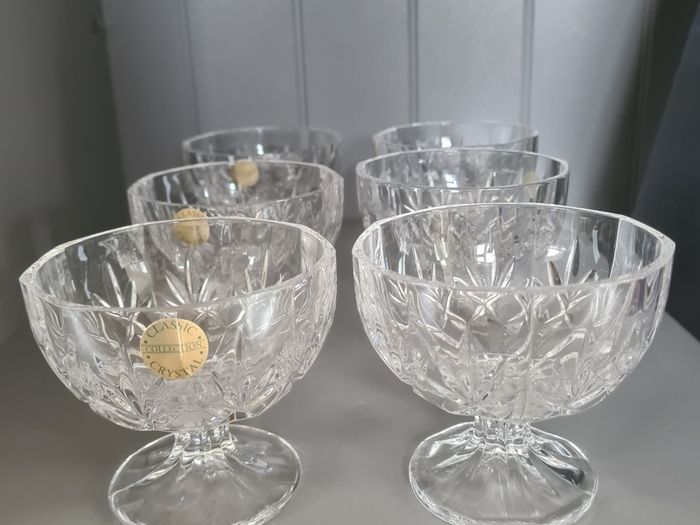 6x Crystal Stem Footed Dessert Dishes Ice Cream Bowls