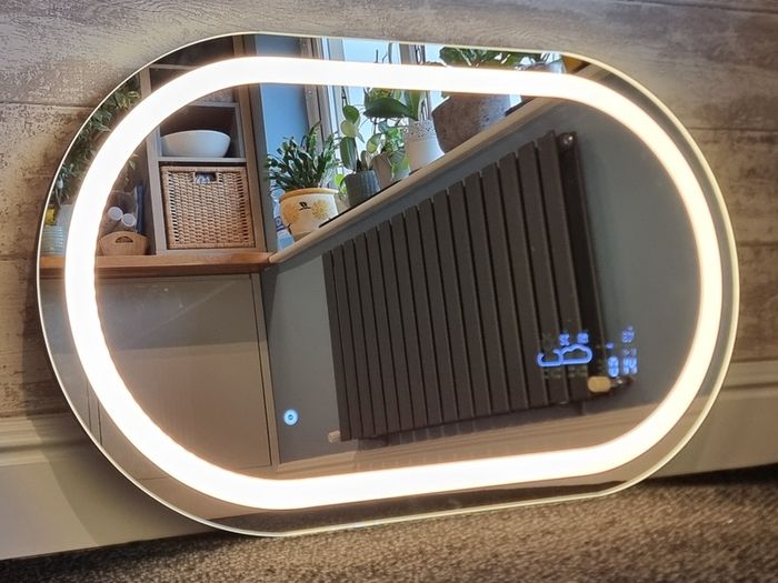 LED Bathroom Mirror 100x60cm Wi Fi Weather Station Clock Temperature Bright Light Makeup Cosmetic Vanity Dual LED
