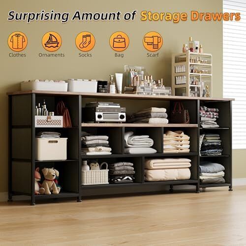 63 Tv Cabinet, Dresser for Bedroom with 11 Fabric Drawers, TV Stand with Power Socket for TVs up to 70", TV Units