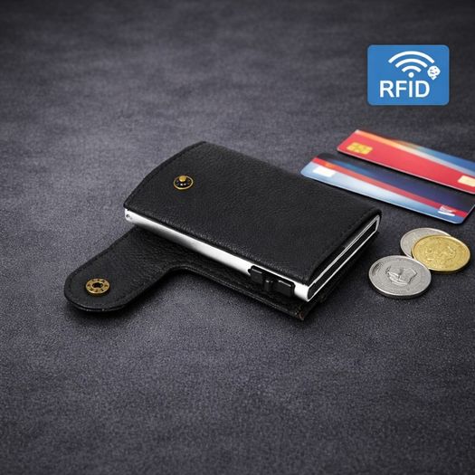 Genuine Leather Pop-Up Card Holder Wallet RFID Blocking Slim Credit Card Case