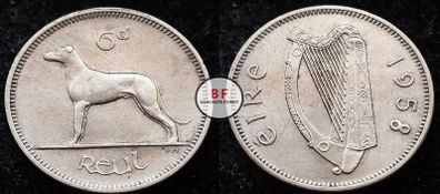 [#155] - Ireland 1958 | Irish 6p | Six Pence | Wolfhound | KM.13a | High Grade