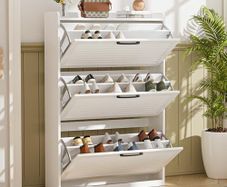 Shoe Storage Cabinet, Shoe Organizer Cabinet with 3 Flip Louvered Doors, Narrow Wooden Shoe Rack Cabinet with Adjustable Dividers For Hallway, Entreway, Living Room,White