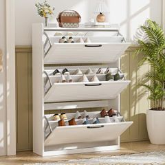 Shoe Storage Cabinet, Shoe Organizer Cabinet with 3 Flip Louvered Doors, Narrow Wooden Shoe Rack Cabinet with Adjustable Dividers For Hallway, Entreway, Living Room,White