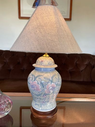 Pretty Oriental Pastel Floral Ginger Jar Lamp Base with Wooden Plinth Base