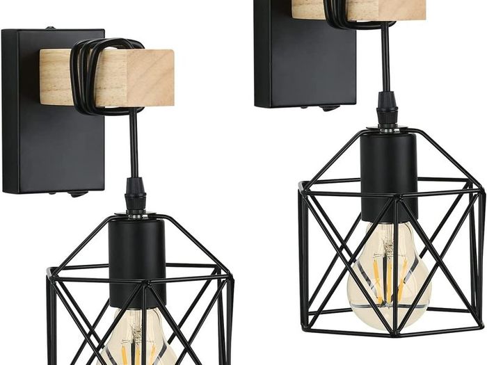 Industrial Wall Lights Indoor with Switch, Vintage Wooden Wall Lamp, E27 Black Cage Wall Lights, Wall Sconces Indoor for Farmhouse, Living Room, Bedroom, Hallway, Stairwell, Bar (2 Pack)