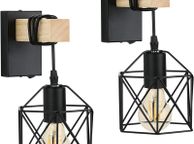 main image for ad Industrial Wall Lights Indoor with Switch, Vintage Wooden Wall Lamp, E27 Black Cage Wall Lights, Wall Sconces Indoor for Farmhouse, Living Room, Bedroom, Hallway, Stairwell, Bar (2 Pack)