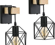 Industrial Wall Lights Indoor with Switch, Vintage Wooden Wall Lamp, E27 Black Cage Wall Lights, Wall Sconces Indoor for Farmhouse, Living Room, Bedroom, Hallway, Stairwell, Bar (2 Pack)