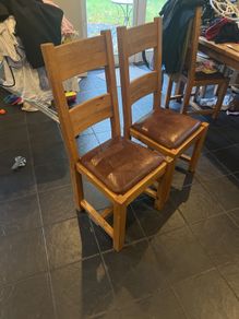 Reduced to sell  4 solid kitchen chairs with brown leather seats