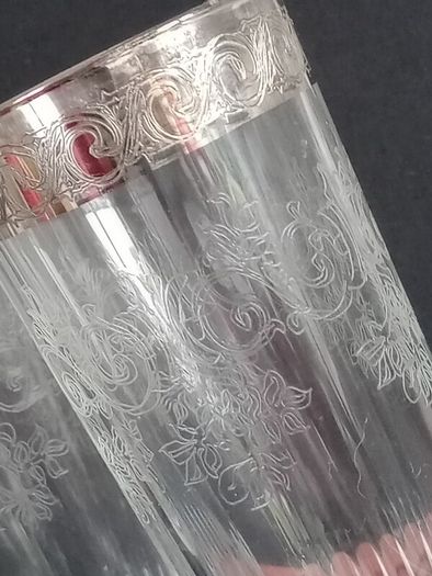 Vintage Etched Glass with Silvered Collar Champagne Flutes x 4