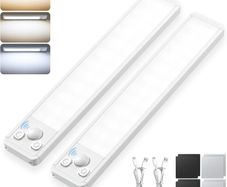 Under Cabinet Kitchen Lights Cupboard - LED Motion Sensor 3-Color Rechargeable Strip Light for Wardrobe Indoor USB Wireless Battery Powered Lighting Shelf Counter Closet with Magnetic Stick 2 Pack [Energy Class G]
