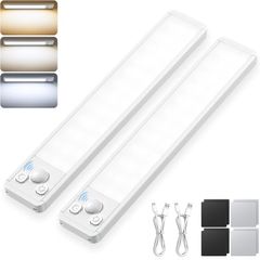 Under Cabinet Kitchen Lights Cupboard - LED Motion Sensor 3-Color Rechargeable Strip Light for Wardrobe Indoor USB Wireless Battery Powered Lighting Shelf Counter Closet with Magnetic Stick 2 Pack [Energy Class G]