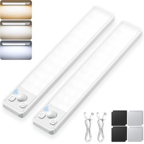 Under Cabinet Kitchen Lights Cupboard - LED Motion Sensor 3-Color Rechargeable Strip Light for Wardrobe Indoor USB Wireless Battery Powered Lighting Shelf Counter Closet with Magnetic Stick 2 Pack [Energy Class G]