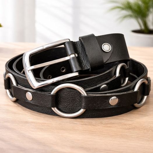 Unisex Black Leather Ring Belt Punk Gothic O-Ring Belt with Silver Buckle for Men & Women