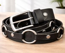 Unisex Black Leather Ring Belt Punk Gothic O-Ring Belt with Silver Buckle for Men & Women