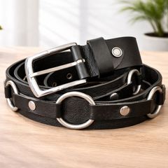 Unisex Black Leather Ring Belt Punk Gothic O-Ring Belt with Silver Buckle for Men & Women