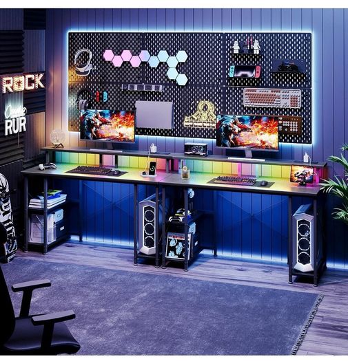 120x50cm Gaming Desk with LED Lights & Power Outlets,Black Storage Shelves, Dual Monitor Stand, Home Office & Study, Work from Home, Bedroom, Small Spaces, Dorm, Space-Saving, Students