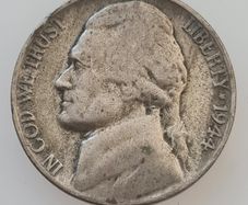 1944 United States Silver 5 Cents "Jefferson Wartime Nickel" 1st portrait