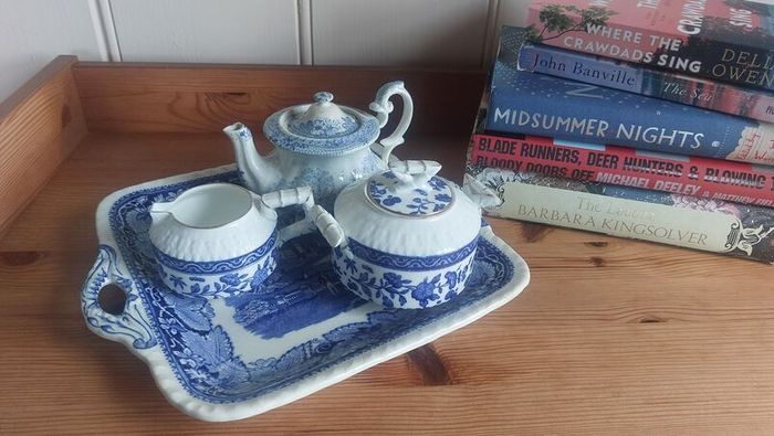 Exquisite Rare Beautifully Shaped and Patterned Blue & White Antique Milk Creamer and Matching Lidded Sugar Bowl by Edwin James Drew Bodley, in the Worchester Pattern Registered 1876, Circa 1875 - 1892