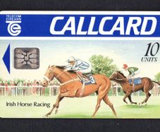 1991 Ireland 10 unit Irish Horse Racing Definitive Call Card with Schlumberger SC5 Chip, Marlborough Street Address, Gloss finish, Cream back, Blue solid Flag, No Barcode Used. Telecom Eireann card number 1033.