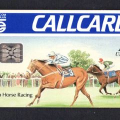 1991 Ireland 10 unit Irish Horse Racing Definitive Call Card with Schlumberger SC5 Chip, Marlborough Street Address, Gloss finish, Cream back, Blue solid Flag, No Barcode Used. Telecom Eireann card number 1033.
