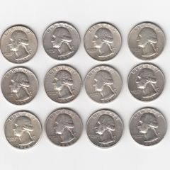 USA, 12 x Washington Quarter Dollar, 90% silver coins (no. 448)