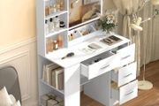 White Dressing Table with LED Mirror 3-Color Lights &amp; Side Cabinet, 2-in-1 Makeup Vanity Desk and Nightstand with 4 Drawers &amp; 6 Storage Shelves, Girls Vanity Table Bedroom Dresser, Large 90cm