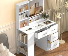 White Dressing Table with LED Mirror 3-Color Lights & Side Cabinet, 2-in-1 Makeup Vanity Desk and Nightstand with 4 Drawers & 6 Storage Shelves, Girls Vanity Table Bedroom Dresser, Large 90cm