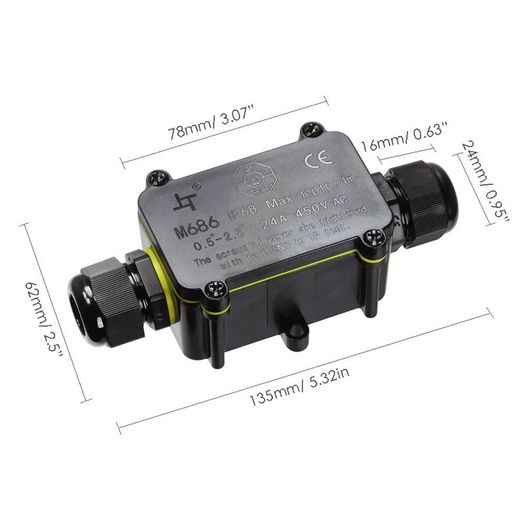 Waterproof Junction Box, HUYU 2-Way Outdoor Cable Connectors with 2 Cable M20 Gland Wire Connector Electrical Junction Box for 5-12MM Diameter Cable, 3 Pin Terminal, Black