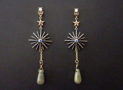 Star Grey Green Stones Statement Drop Earrings