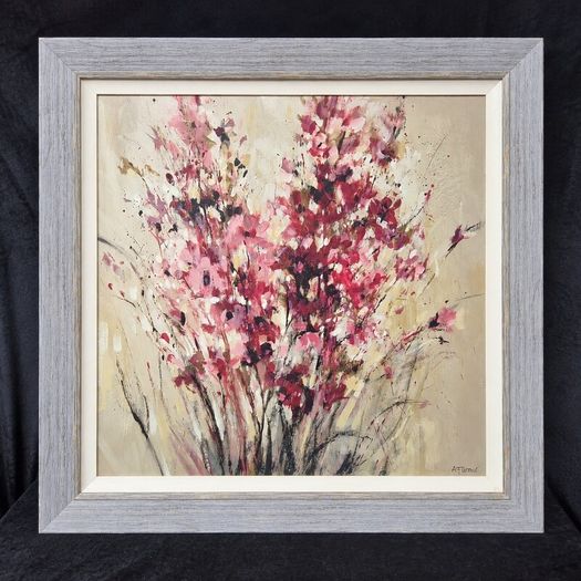 Large 85cm x 85cm Framed Abstract Floral Wall Art - Pink & Burgundy Wildflowers