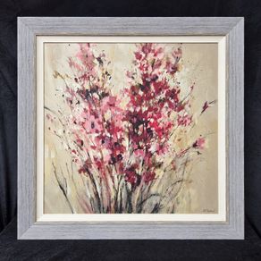 Large 85cm x 85cm Framed Abstract Floral Wall Art - Pink & Burgundy Wildflowers