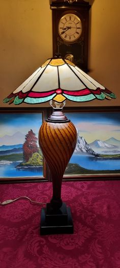 30.5 Inch Tall Large Art Deco Tiffany Style Table Lamp With Metal And Black Striped Amber Glass Stand With Stained Glass Shade