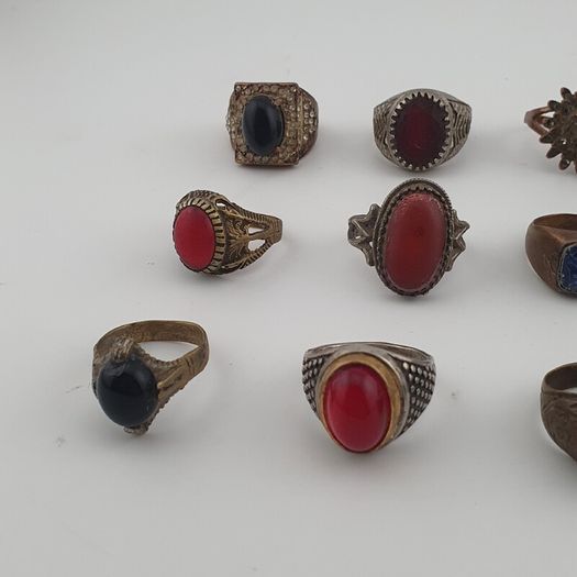 15 Antique Style Brass Rings Mixed Stone & Colourful Glass Accents