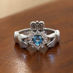 Solvar 925 Sterling Silver Claddagh Ring, Blue & Clear Zirconia. Size L