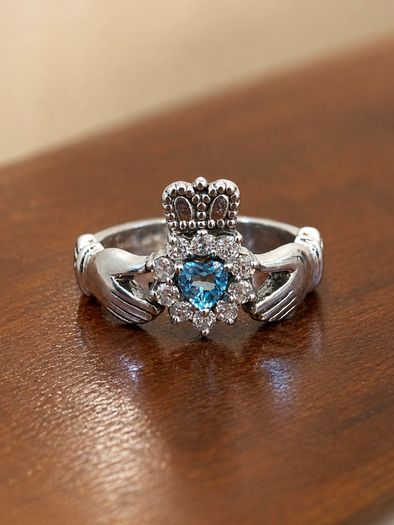 Solvar 925 Sterling Silver Claddagh Ring, Blue & Clear Zirconia. Size L