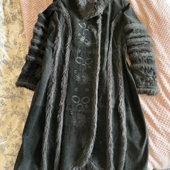Vintage black embellished long leather coat / black suede long jacket / 90s suede coat / black suede leather coat