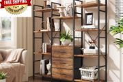 4-Tier Bookcase with Drawers, 100cm Wide Rustic Brown Shelving Unit 142cm Height, 10 Open Shelves + 3 Fabric Drawers, Industrial Rustic, For Living/Bedroom/Home Office, Large Storage